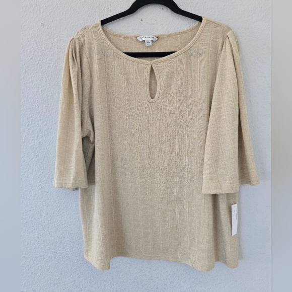 Zac & Rachel Metallic Blouse Women Sz L Beige Flutter 3/4 Sleeve Front Cut  Out - Picture 4 of 13